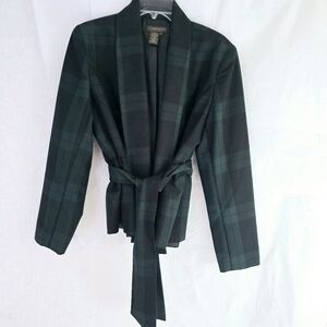Chadwick Plaid Open Jacket Women Sz 14 Tartan Dark & Green Navy Belted Pleated